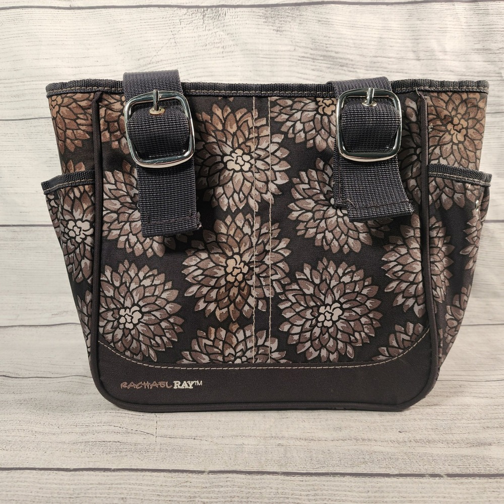 Rachael Ray Insulated Lunch Tote Bag Brown Floral Dahlia Pattern Canvas Zipper